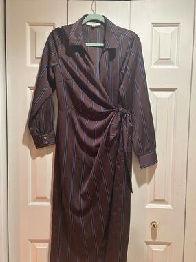 LOFT Brown Wrap Shirt Dress with Blue Pinstripes